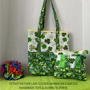 ST PATRICKS 4 LEAF CLOVERS MINI SHAMROCKS QUILTED HANDMADE TOTE & COSMETIC PURSE
